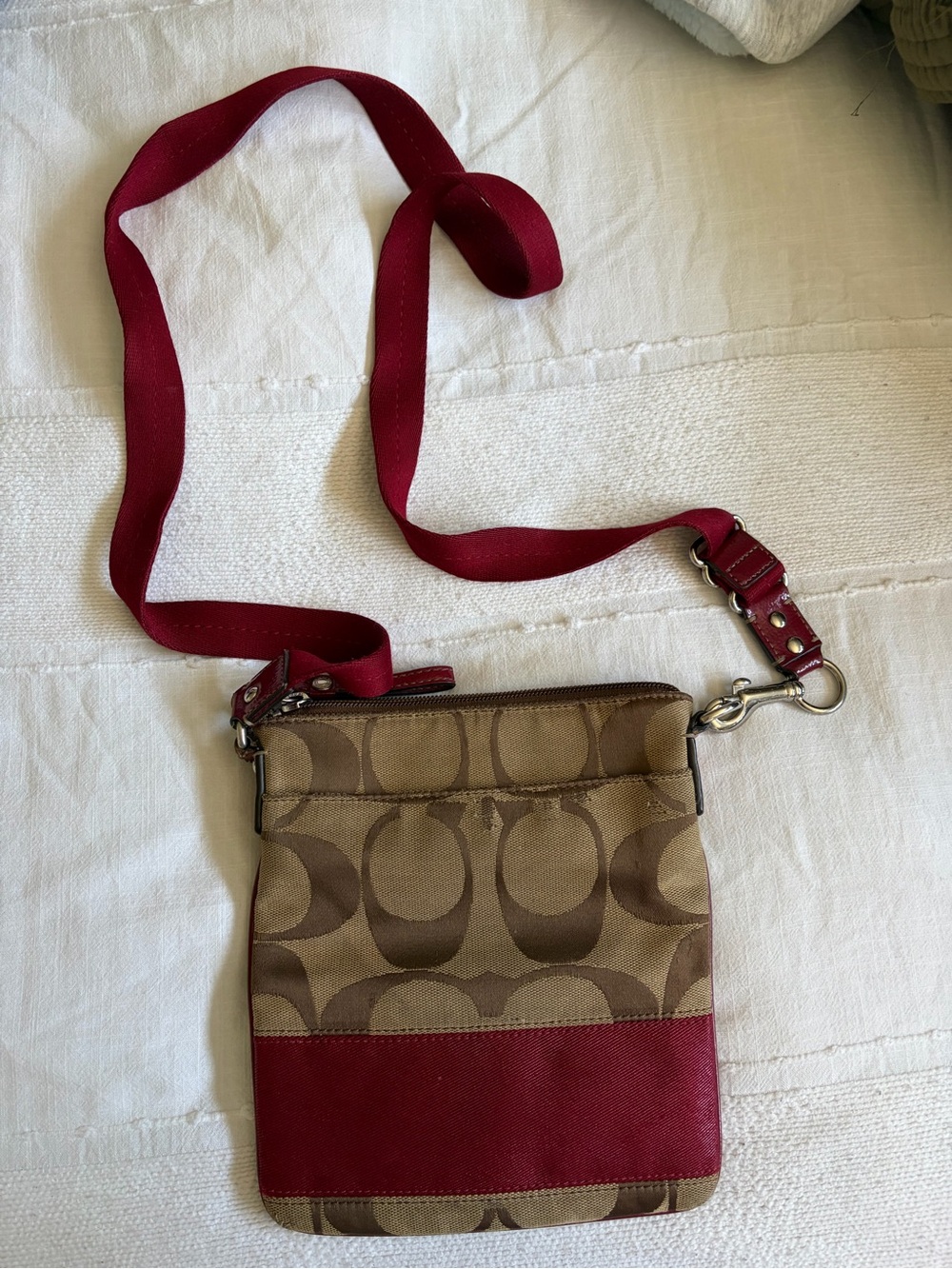 Coach Brown Canvas Crossbody Bag with Red Accent - Designer Style